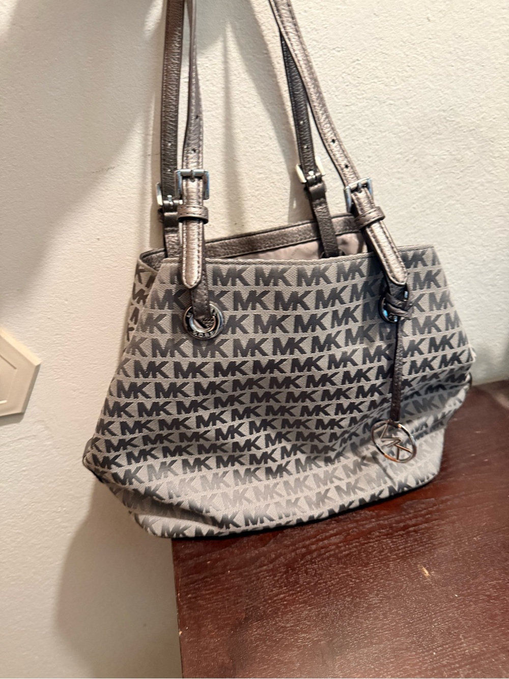 Michael Kors Silver-Gray MK Logo Shoulder Tote